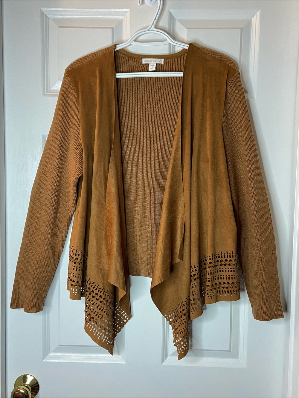 Westport Caramel Brown Open-Front Laser-Cut Draped Cardigan - 1X